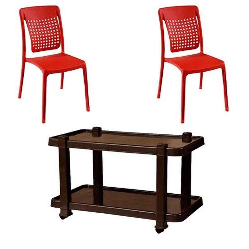 Italica 2 Pcs Polypropylene Red Spine Care Chair & Nut Brown Table with Wheels Set, 2109-2/9509