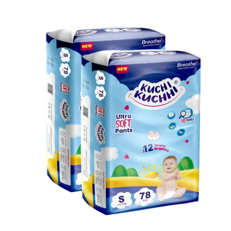 Kuchi Kuchhi 78 Pcs 4-8kg White Small Ultra Soft Baby Diaper Pant with 3D Bubble Top, KK_S78X2 (Pack of 2)