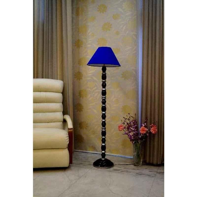 Tucasa Mango Wood Black & Silver Floor Lamp with Blue Conical Polycotton Shade, WF-37