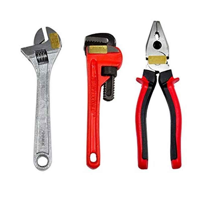 Globus 919 3 Pcs 8 inch Steel Adjustable Wrench, Plier & American Pipe Wrench Hand Tool Set