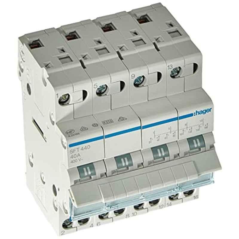 Hager 40A 500V Centre Off Modular Changeover Switch with Top Common Point, SFT440