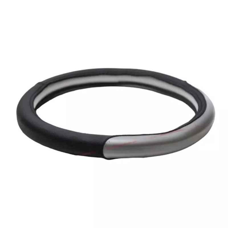 Cipher Leather Silver & Black Sporty Look Steering Wheel Grip Cover, Size: Small