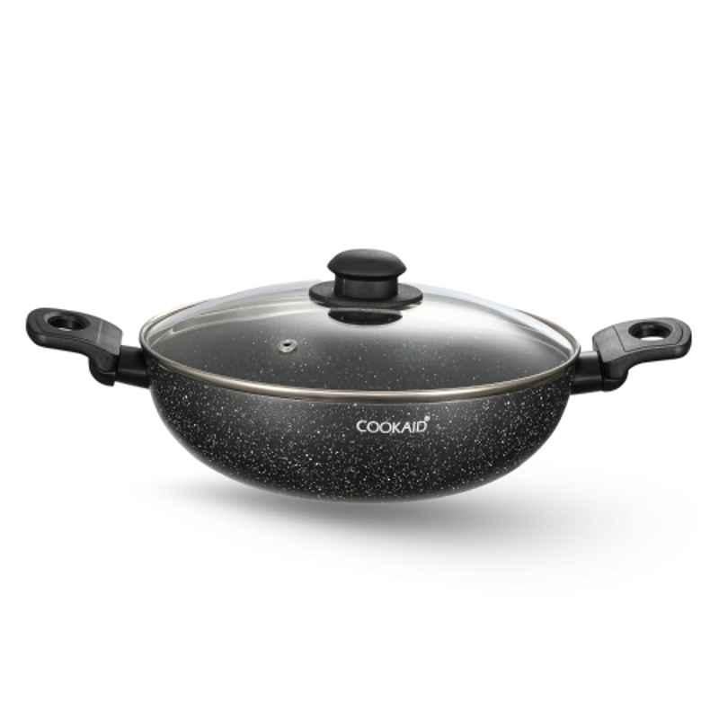 Cookaid Neo Glide 2 Litre Aluminium Black Non Stick PTFE Coated Kadhai with Glass Lid, CKD-NS-K22-02