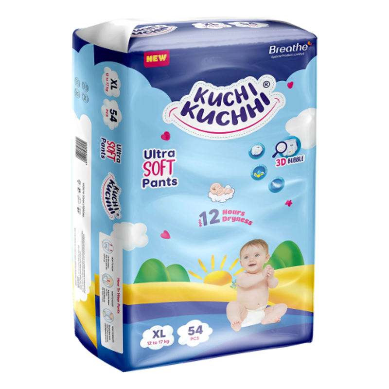 Kuchi Kuchhi Baby Diaper Pants, Extra Large (12-17kg), 54 Pcs, 3D Bubble Top Ultra Soft Unisex Leakproof Diapers, KKXL54