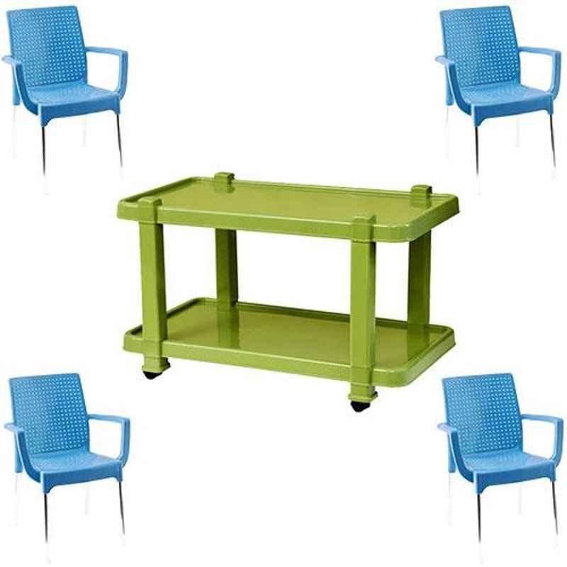Italica 4 Pcs Polypropylene Light Blue Plasteel Arm Chair & Green Table with Wheels Set, 1215-4/9509