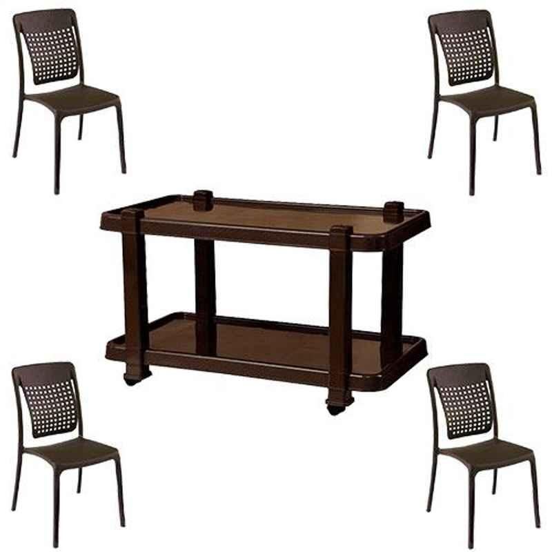 Italica 4 Pcs Polypropylene Tan Brown Spine Care Chair & Nut Brown Table with Wheels Set, 2109-4/9509