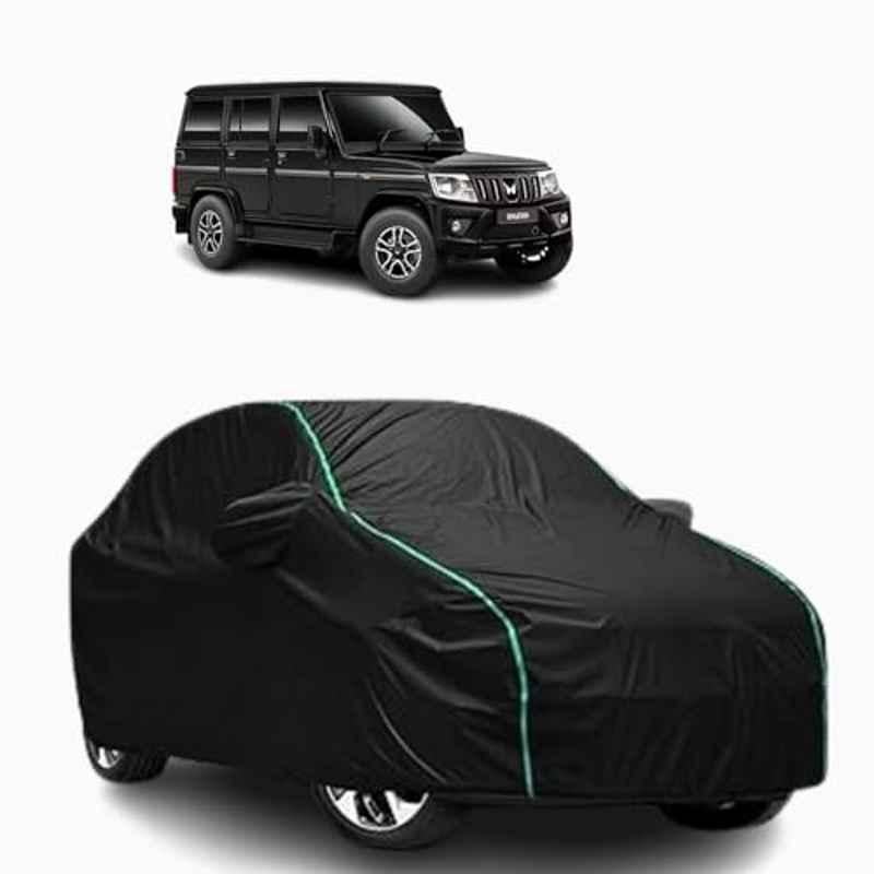 Aarex Auto Polyester Black 100% Waterproof Car Body Cover with Mirror Pocket, Soft Cotton Triple Stitched & Custom Fit for Mahindra Bolero