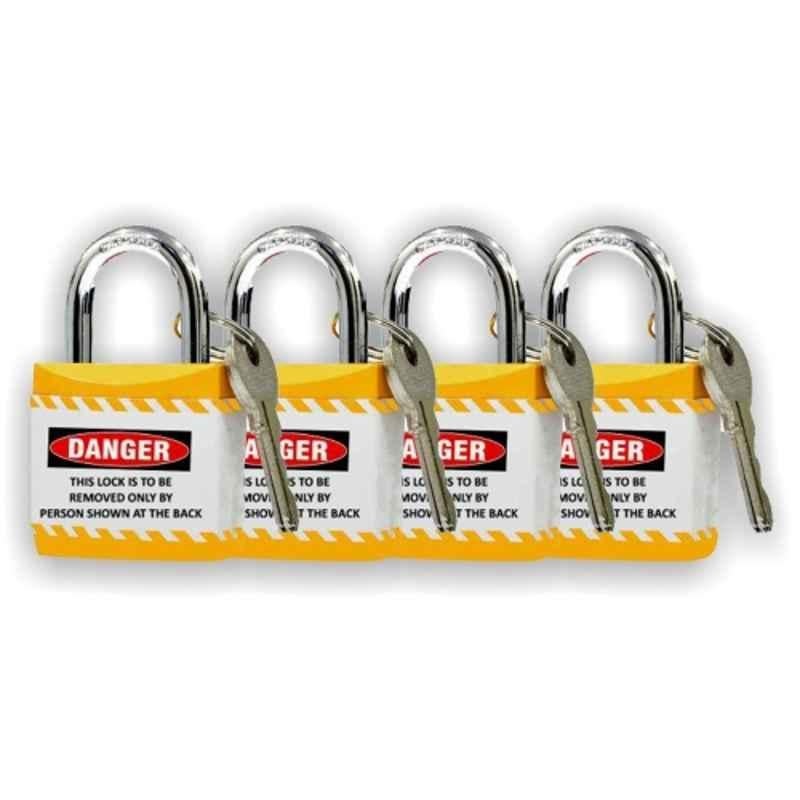 Asian Loto 4 Pcs Metal & Plastic Yellow Regular Shackle Jacket Padlock Set with 3 Keys, ALC-LPR