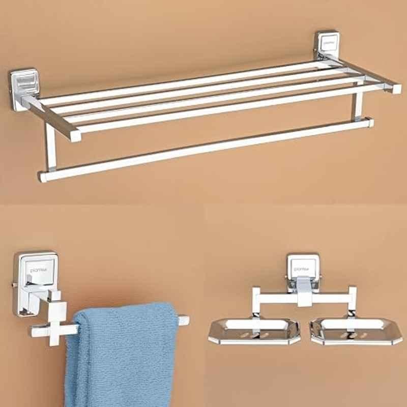 Plantex Darcy 3 Pcs Stainless Steel Silver Chrome Finish Wall Mount Bathroom Accessories Set