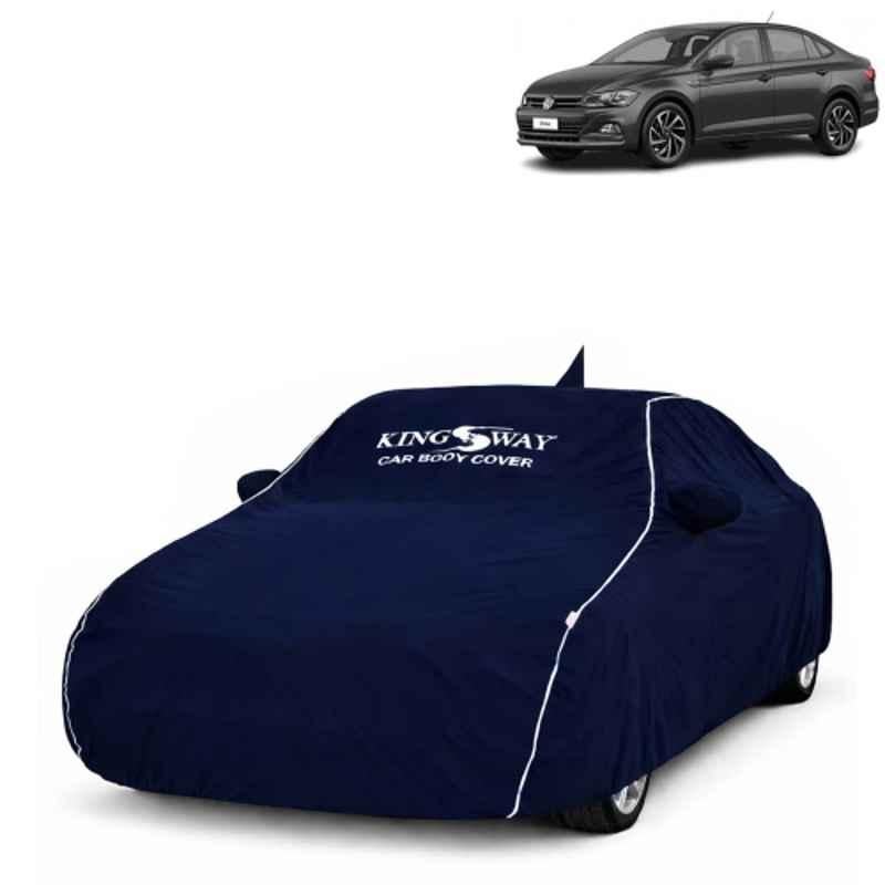 Kingsway Super Waterproof All Weather Protection Polypropylene Blue Car Cover for Volkswagen Virtus 2022 Onwards with Silver Piping, Mirror & Antenna Pockets