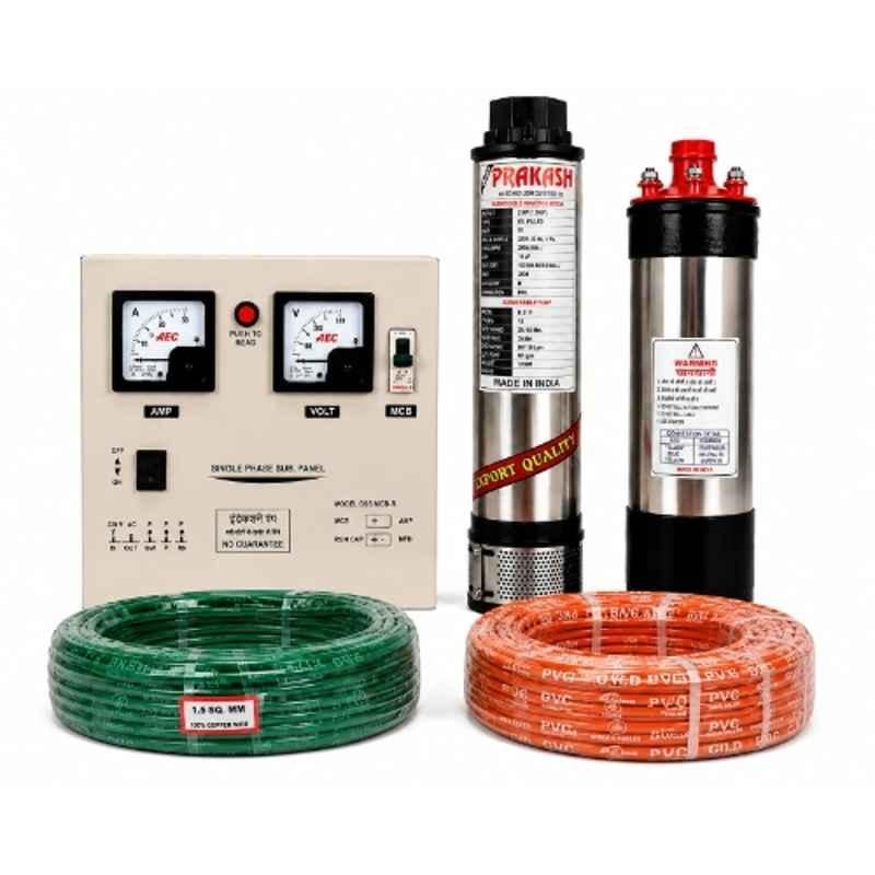 Balaji Prakash 2HP 10 Stage Single Phase Pure Copper Oil Filled Submersible Pump with Control Panel, 60m Safety Wire & Submersible Cable