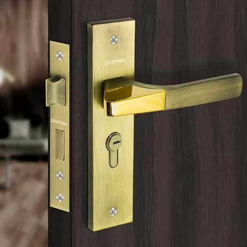 Plantex Heavy-Duty Door Lock Set Main Door Lock Handle Set/ 6-Lever Lock Mechanism with 3 Years of Warranty/Mortise Lock with 3 Keys, Brass Lockbody & Cylinder8114 Antique Brass & PVD Gold