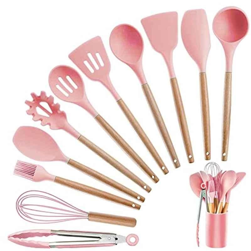 Rubik 11Pcs Wood & Silicone Pink Kitchen Spatula Set