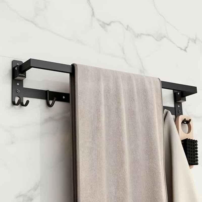 Plantex Stainless Steel Folding Single Towel Rod with Hooks/24 inch Towel Holder for Bathroom/Towel Hanger/Towel Stand/Bathroom Accessories APS-1317, Black