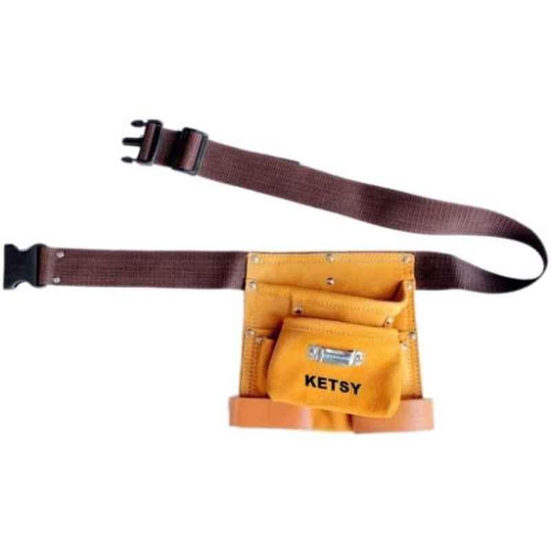 Ketsy 301 8.5x9 inch Brown Leather Tool Bag with Double Safety Clip, 8 Pockets & 1 Tape Holder