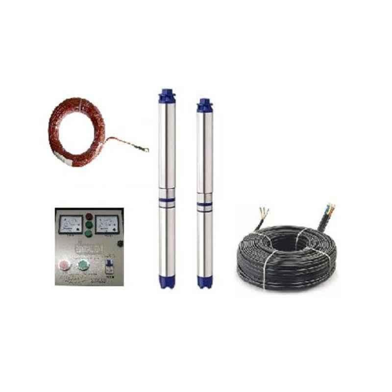 Jindal 2HP 15 Stage Single Phase Pure Copper Oil Filled Borewell Submersible Pump Set with Control Panel, 60m Safety Wire & 50m Submersible Cable