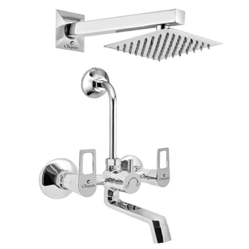 Cliquin Espirion Elite Brass Chrome Wall Mounted Wall Mixer with 6x6 inch Stainless Steel Overhead Shower Set, 190mm Bend Pipe & Adjustable Legs