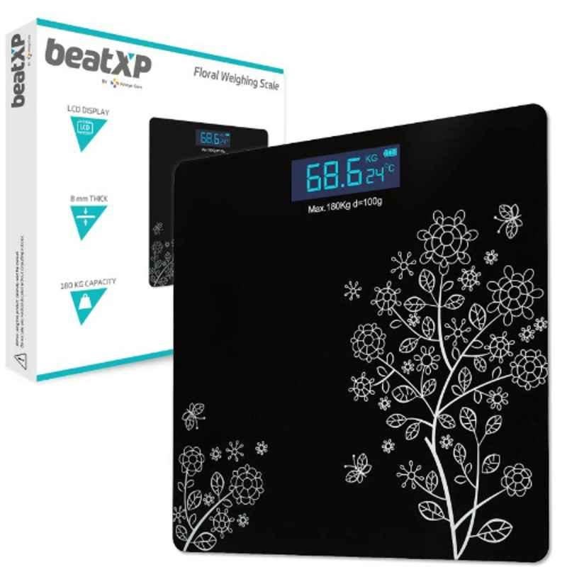 Pristyn Care beatXP Pro Max 180kg Black Floral Digital Body Weighing Scale with Tempered Glass & LCD Display