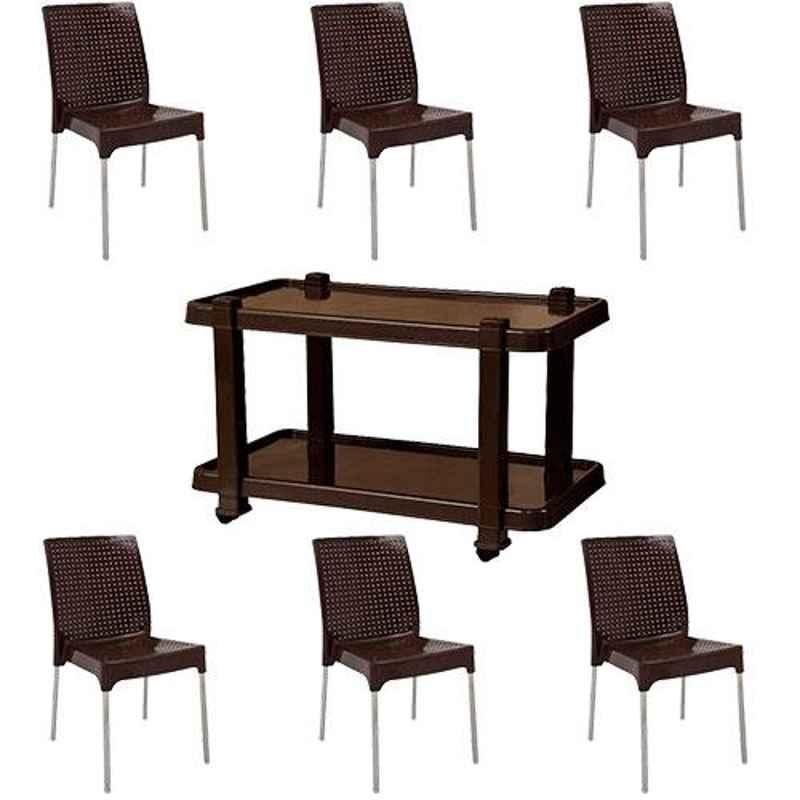 Italica 6 Pcs Polypropylene Standard Brown Plasteel without Arm Chair & Nut Brown Table with Wheels Set, 1206-6/9509