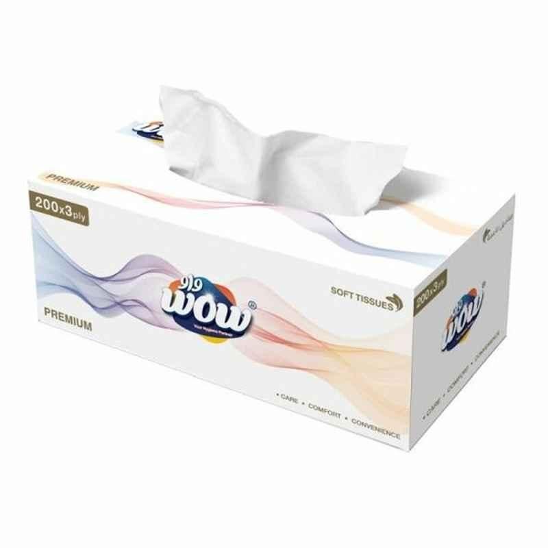 Wow Premium Facial Tissue, 200 Sheets, 3 ply, 5 Box/Carton