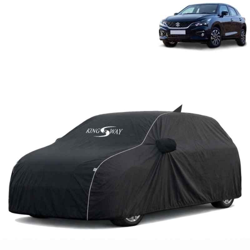 Kingsway Super Waterproof All Weather Protection Polypropylene Black Car Cover for Maruti Suzuki Baleno 2022 Onwards with Silver Piping, Mirror & Antenna Pockets