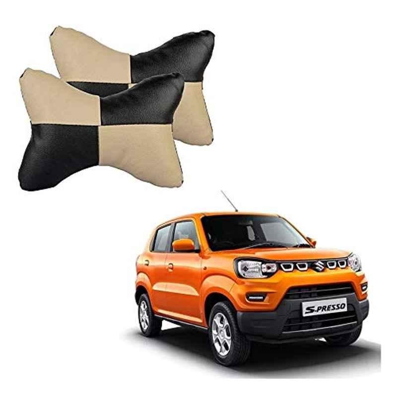 Kozdiko 2 Pcs Black & Beige Car Square Chess Design Neck Rest Seat Pillow Set for Maruti Suzuki S-Presso