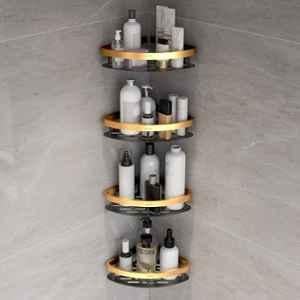Plantex Self Adhesive Corner Shelf for Bathroom Wall/Aluminium & Stainless Steel Corner Shelf/Storage Organizer/Bathroom Accessories Set- (Pack of 4) 8x8 inch, Gold & Black