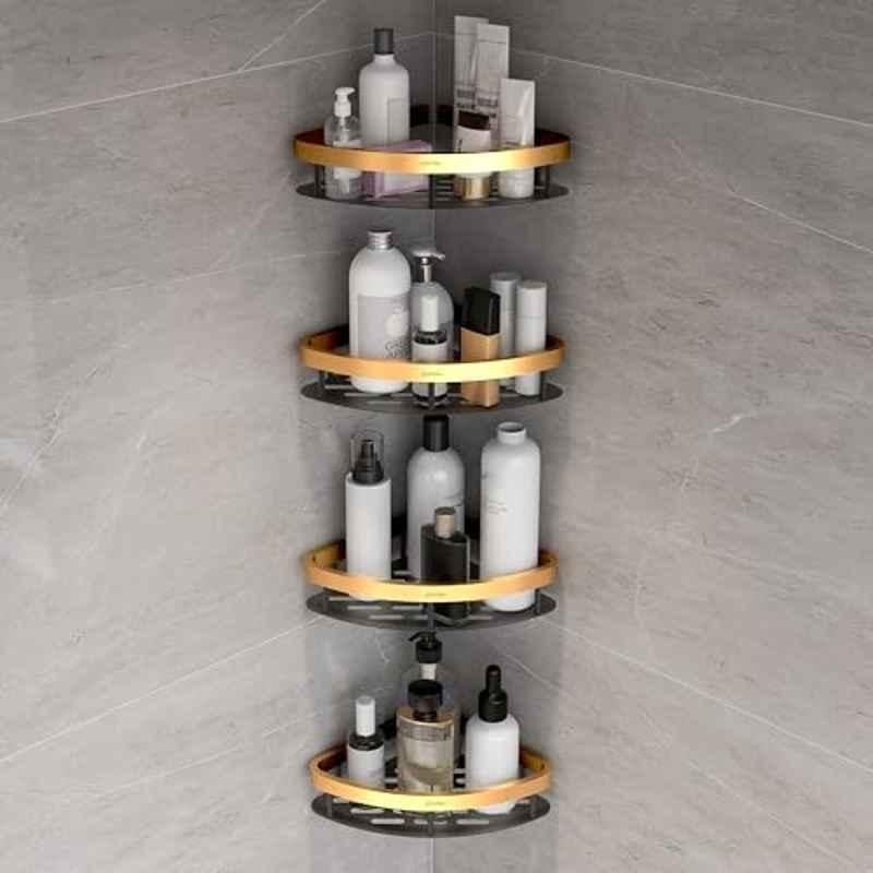 Plantex Self Adhesive Corner Shelf for Bathroom Wall/Aluminium & Stainless Steel Corner Shelf/Storage Organizer/Bathroom Accessories Set- (Pack of 4) 8x8 inch, Gold & Black