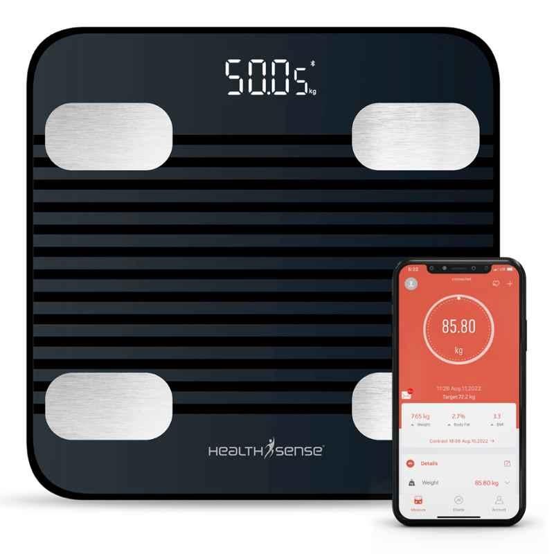 HealthSense BS 171 180kg Glass Smart Bluetooth Body Weighing Scale with Mobile App, 13 Body Composition, LED Display & BIA Technology