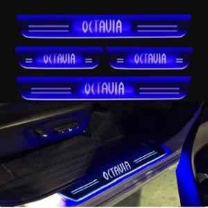 SureStrive 4 Pcs Acrylic Car Side Footstep Set with Blue LED Door Sill Scuff Plate for Skoda Octavia Type-1 Model