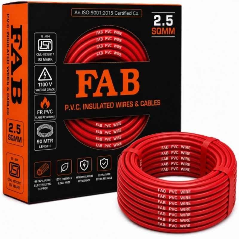 FAB 2.5 Sqmm Single Core Red FR PVC CCS Copper Insulated House Wire, Length: 91 m