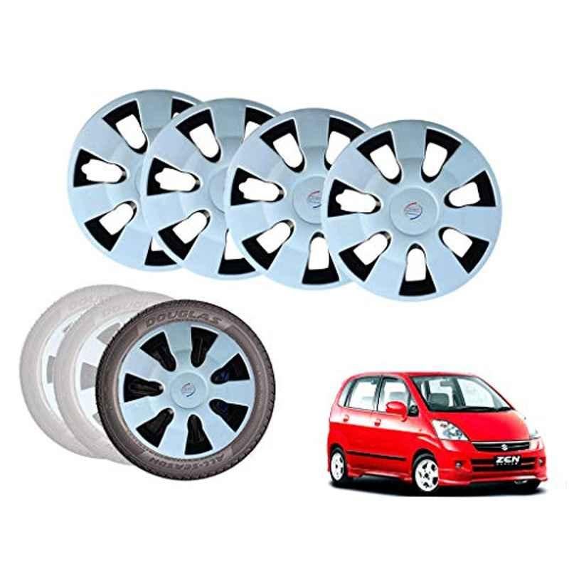 Auto Pearl 13 inch ABS Silver & Black Car Hubcap Wheel Cover with Retention Ring Set for Zen Estilo Type 1