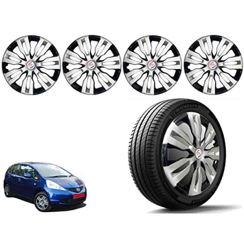 Auto Pearl 4 Pcs 14 inch Polypropylene Silver & Black Press Type Car Wheel Cover Set with Retention Ring for Honda Jazz 2009-2014 E , 14WC_Dzire2017_DC_Jazz2009_14EModel