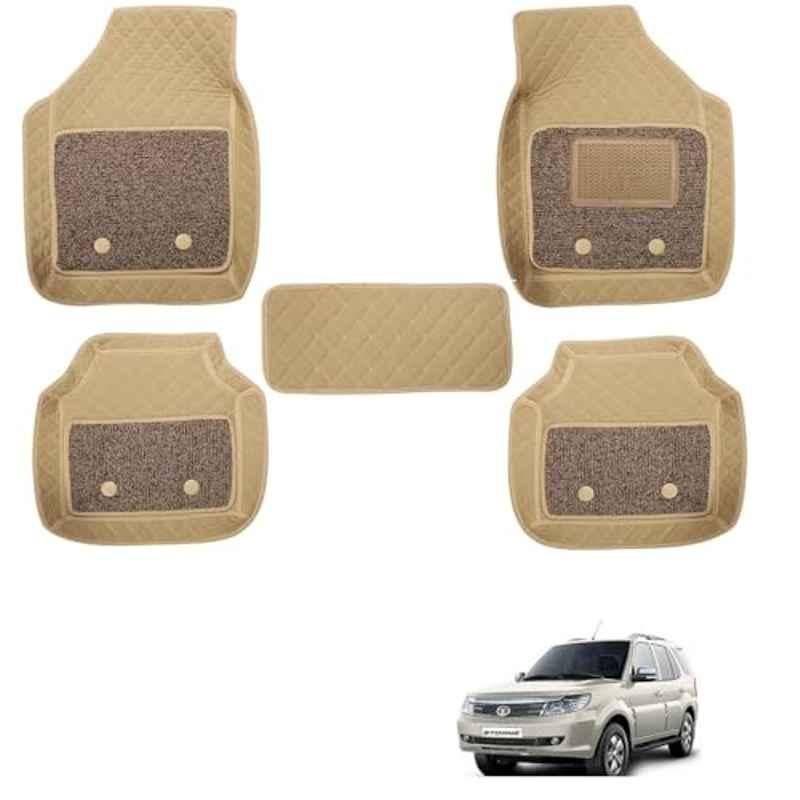Kozdiko 5 Pcs Waterproof & Luxury 7D Beige Leatherette Car Floor Mats Set for Tata Safari Storme