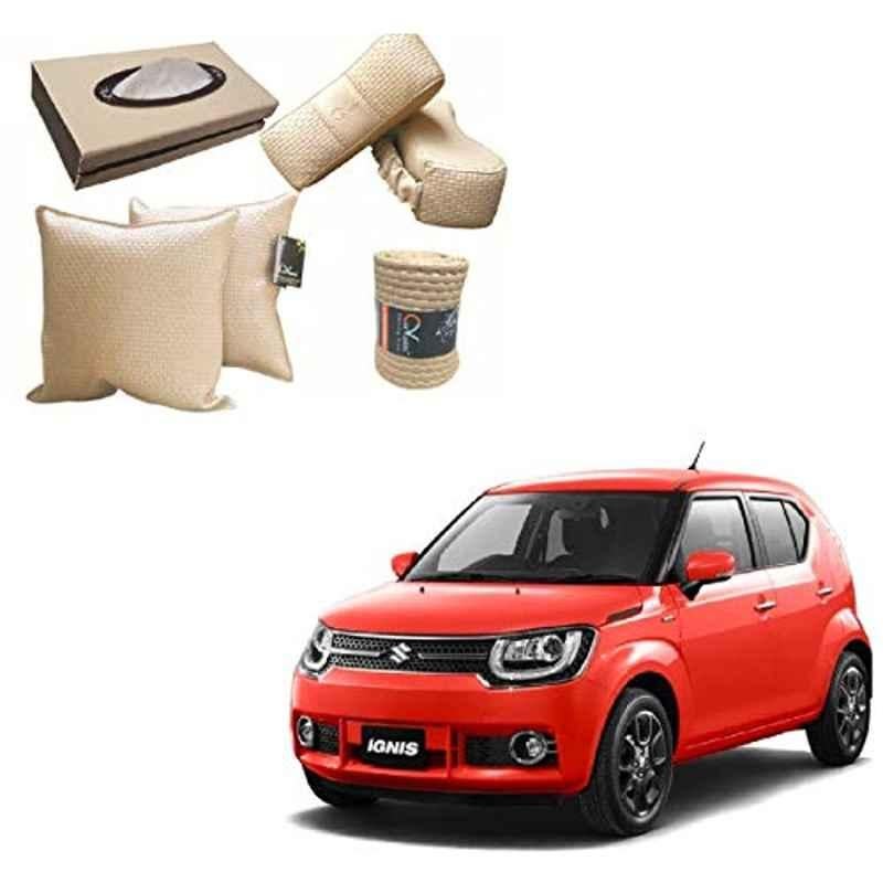 Kozdiko 2 Pcs Cushion Pillow, 2 Pcs Neck Rest, Tissue Box & Steering Beige Car Cover Combo for Maruti Suzuki Ignis