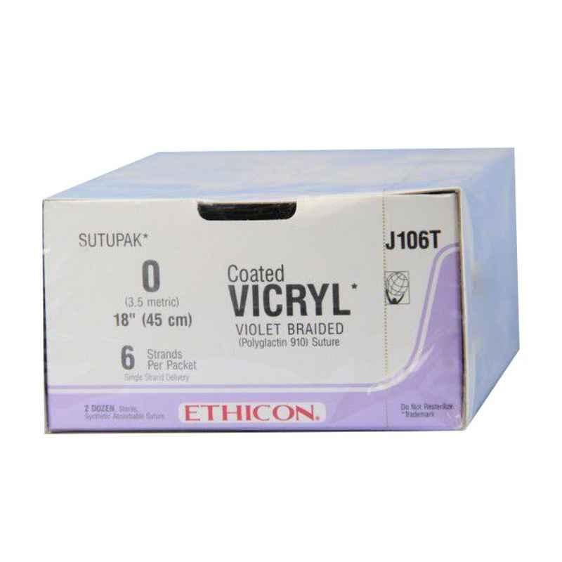 Ethicon NW2338 Vicryl 0 Absorbable Violet Braided Suture1, Size: 90cm (Pack of 12)
