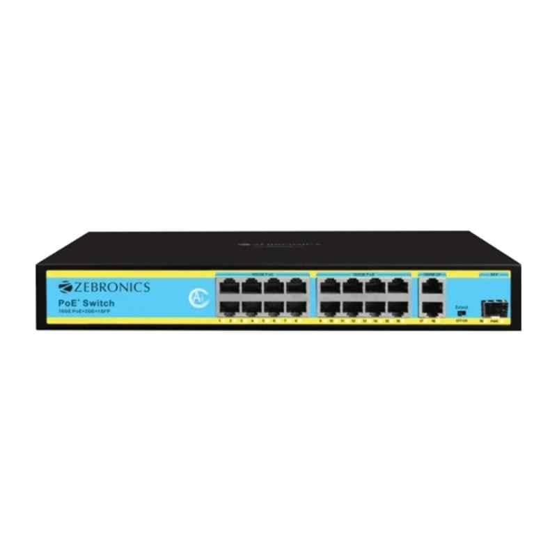 Zebronics 16 Ports PoE 100/1000Mbps+2 LAN 100/1000Mbps+1 SFP Slot 300W PoE Switch, ZEB-16PG2UG1UF-300