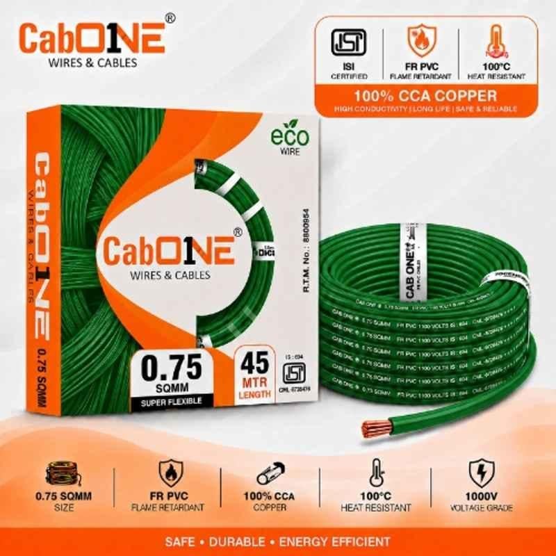 CabONE Lite 0.75 Sqmm Green Single Core FR PVC Insulated CCA Copper Electrical Wire, Length: 45 m