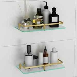 Plantex Glass Shelf for Bathroom/Kitchen Wall Shelf/Living Room Wall Organizer with Antique Brass Finish Railings & Brackets Frosted 12x6 inch (Pack of 2)