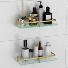 Plantex Glass Shelf for Bathroom/Kitchen Wall Shelf/Living Room Wall Organizer with Antique Brass Finish Railings & Brackets Frosted 12x6 inch (Pack of 2)