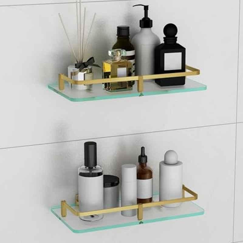 Plantex Glass Shelf for Bathroom/Kitchen Wall Shelf/Living Room Wall Organizer with Antique Brass Finish Railings & Brackets Frosted 12x6 inch (Pack of 2)