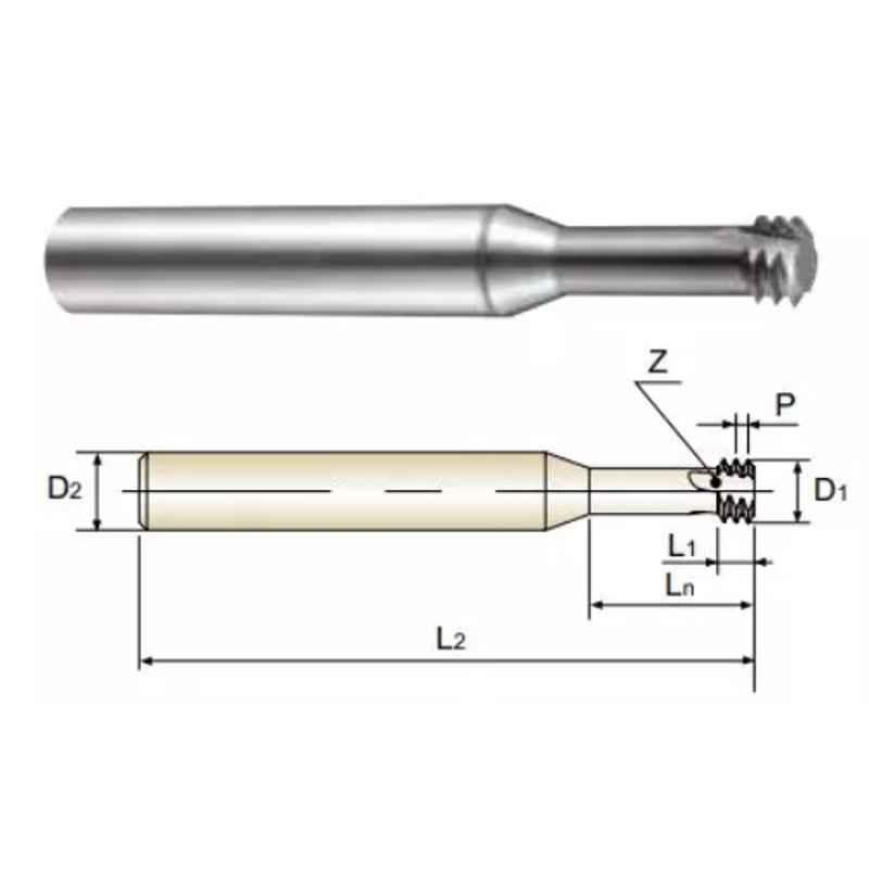 YG-1 3mm Solid Carbide TiAlN Coated Thread Mill, L12D1090, Overall Length: 30 mm