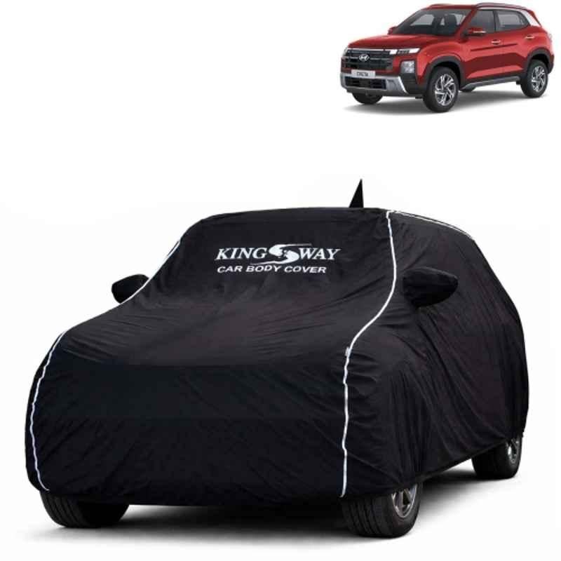 Kingsway Super Waterproof All Weather Protection Polypropylene Black Car Cover for Hyundai Creta 2024 Onwards with Silver Piping, Mirror & Antenna Pockets