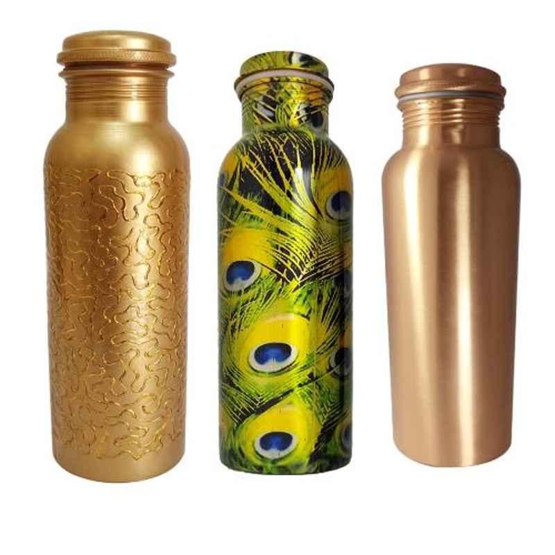 Healthchoice 1L Golden, MorPankh & Plain Copper Jointless Water Bottle (Pack of 3)