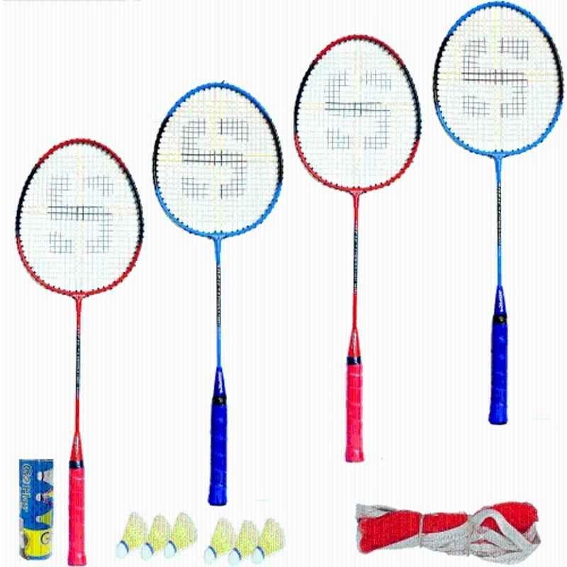 Shivgan Aluminium & Naylon extra Multicolours Badminton Set of(4 Racket & 6 Naylon Shuttle & 1 badminton Net)Complete set Badminton Kit