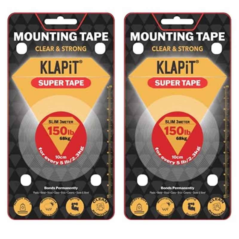 Klapit 3m 68kg Acrylic Clear Double Sided Tape Heavy Duty Mounting Tape (Pack of 2)