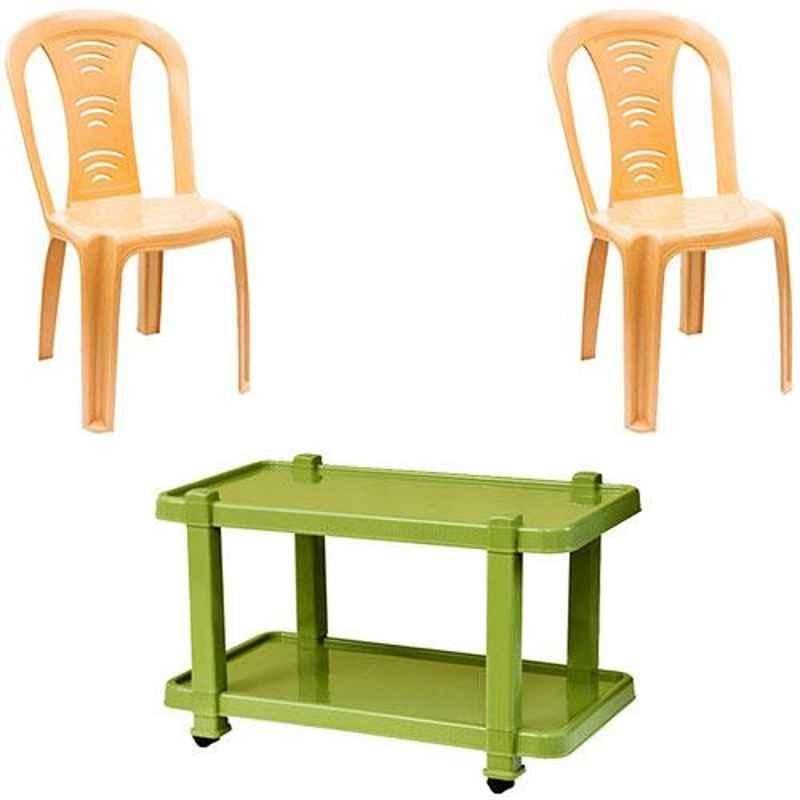 Italica 2 Pcs Polypropylene Marble Beige Without Arm Chair & Green Table with Wheels Set, 9306-2/9509