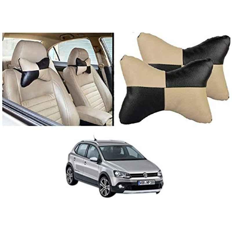 Kozdiko 2 Pcs Black & Beige Car Square Chess Design Neck Rest Seat Pillow Set for Volkswagen Polo Cross
