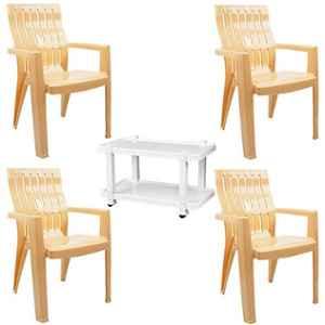 Italica 4 Pcs Polypropylene Marble Beige Spine Care Chair & White Table with Wheels Set, 2277-4/9509