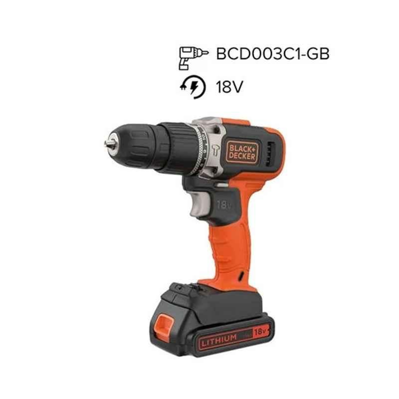 Black & Decker 18V Orange & Black Cordless Hammer Drill with Battery, BCD003C1-GB